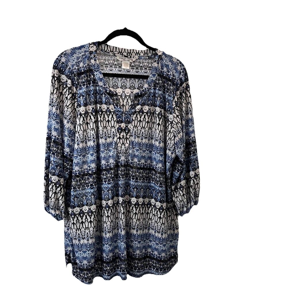 Rebecca Malone Plus Size Blue White Shiny Metallic Geometric Tunic Top Womens 2X